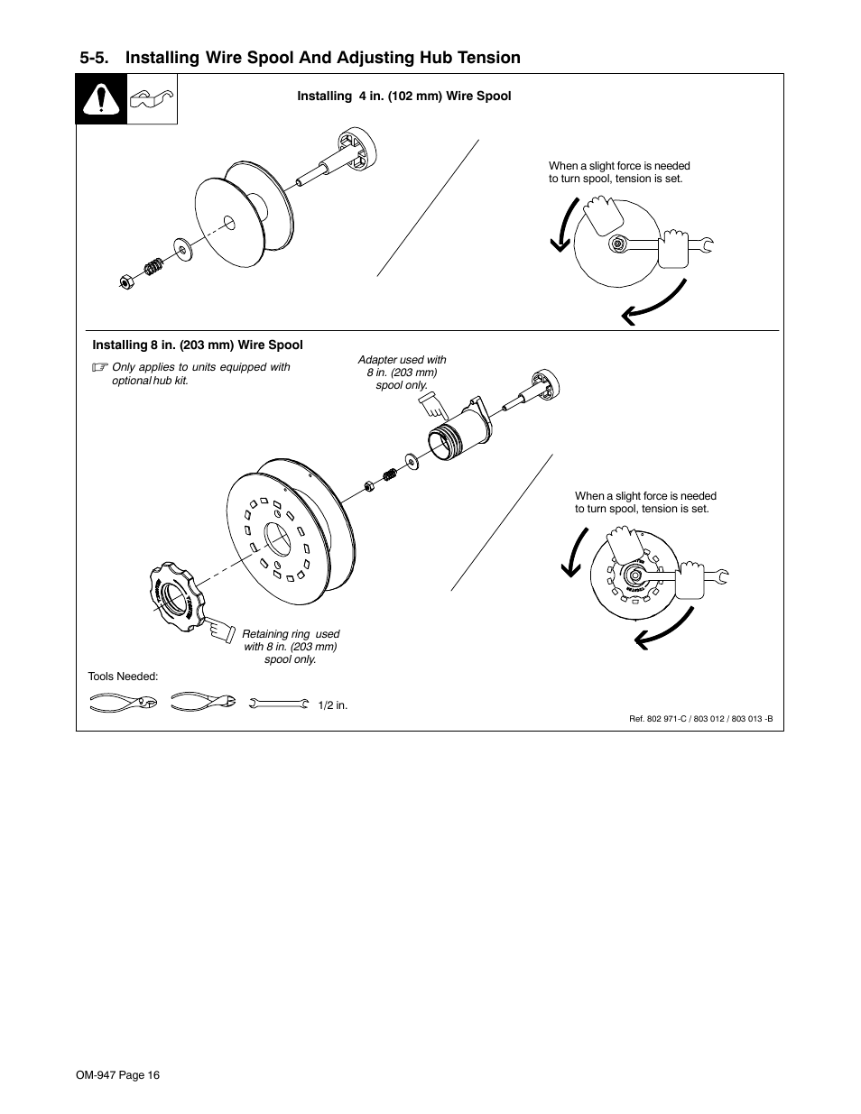 5. installing wire spool and adjusting hub tension | Hobart Welding Products HANDLER OM-947 User Manual | Page 20 / 48