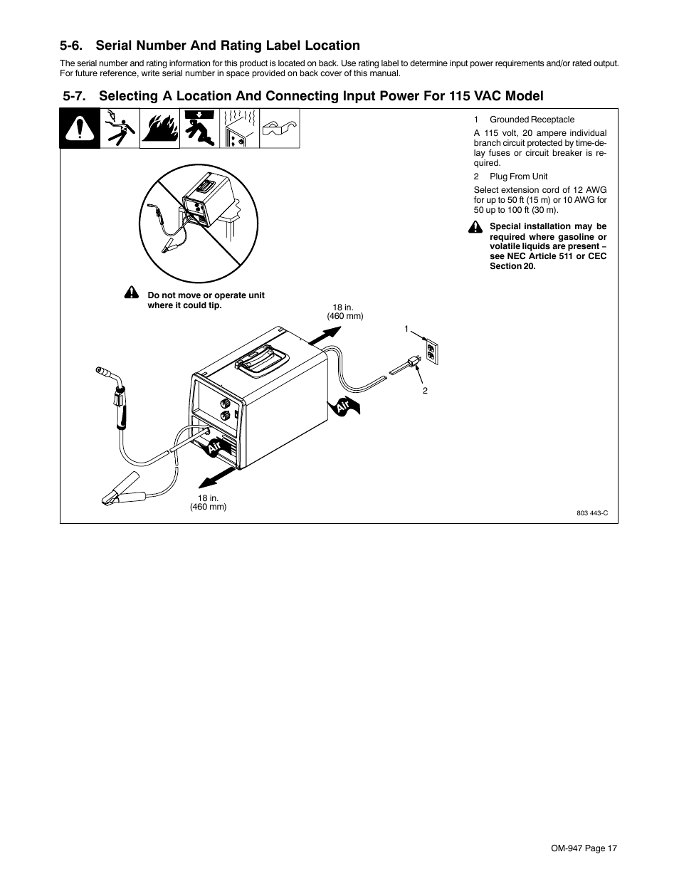 6. serial number and rating label location | Hobart Welding Products HANDLER OM-947 User Manual | Page 21 / 48