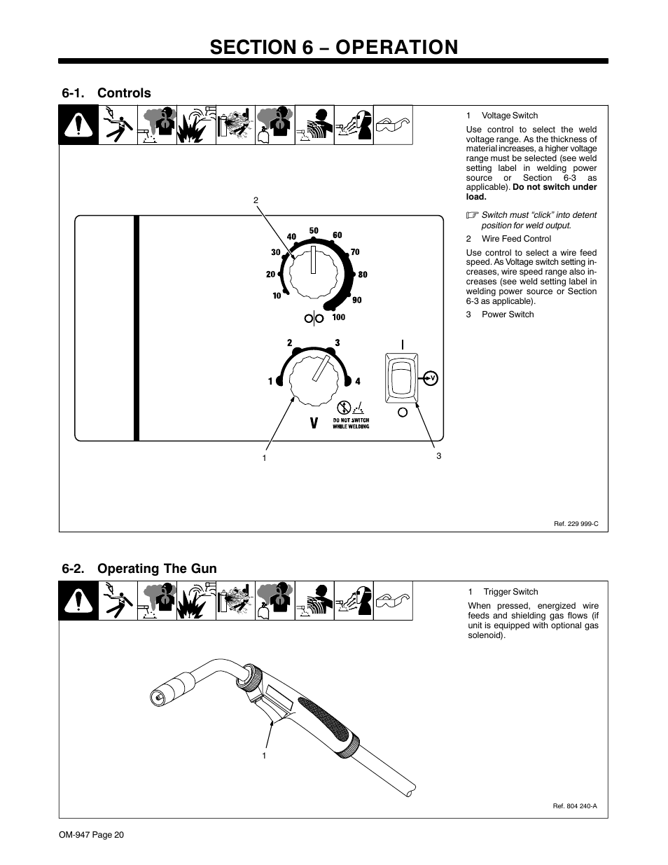 Section 6 − operation, 1. controls, 2. operating the gun | Hobart Welding Products HANDLER OM-947 User Manual | Page 24 / 48