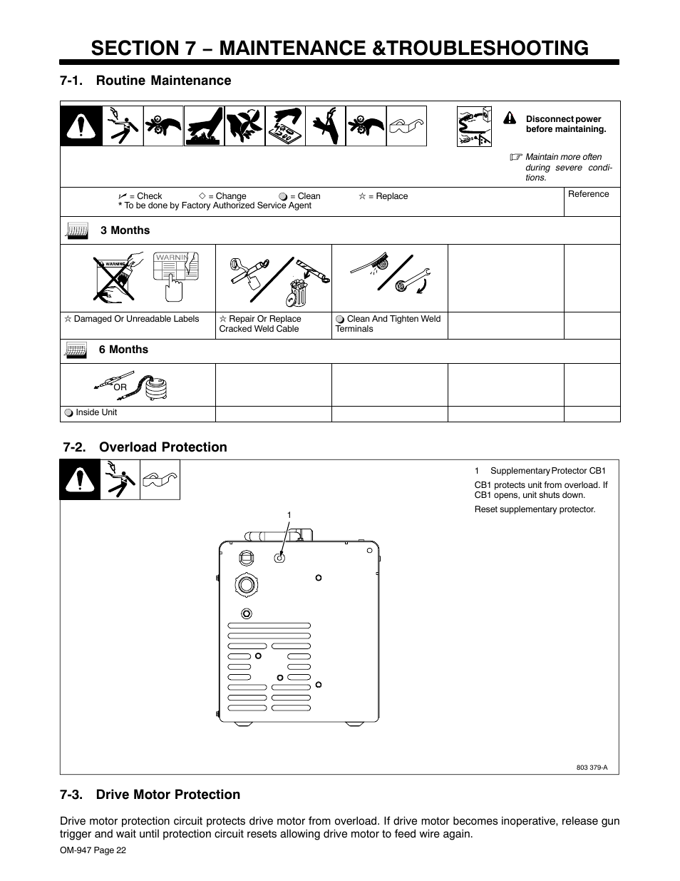 Section 7 − maintenance &troubleshooting, 1. routine maintenance, 2. overload protection | 3. drive motor protection | Hobart Welding Products HANDLER OM-947 User Manual | Page 26 / 48