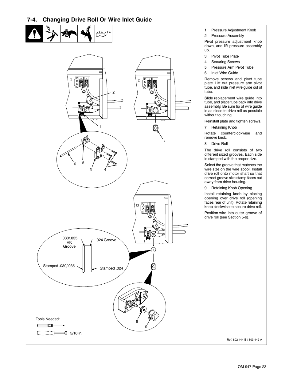 4. changing drive roll or wire inlet guide | Hobart Welding Products HANDLER OM-947 User Manual | Page 27 / 48