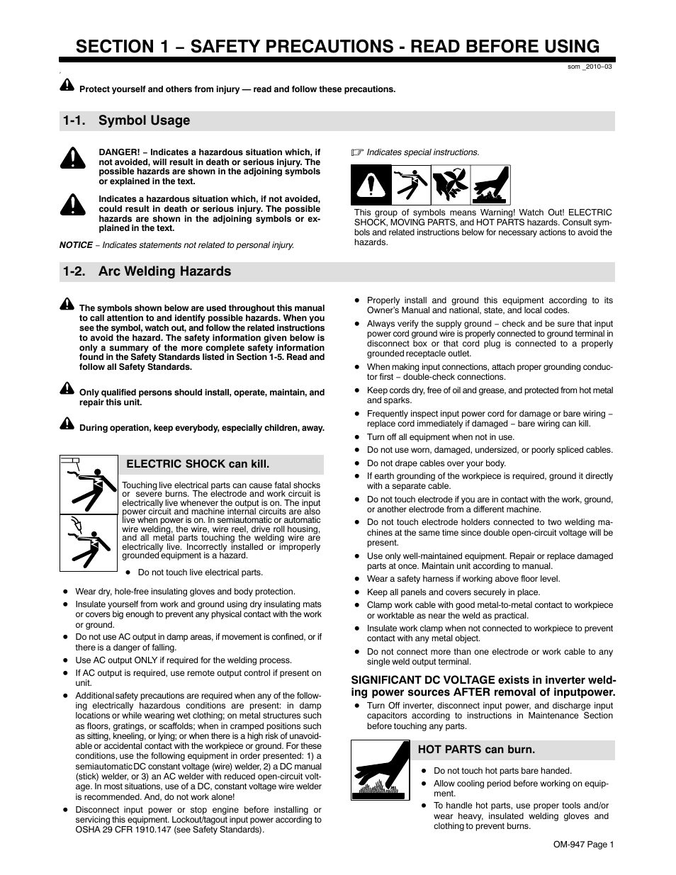 Section 1 − safety precautions - read before using, 1. symbol usage, 2. arc welding hazards | Hobart Welding Products HANDLER OM-947 User Manual | Page 5 / 48