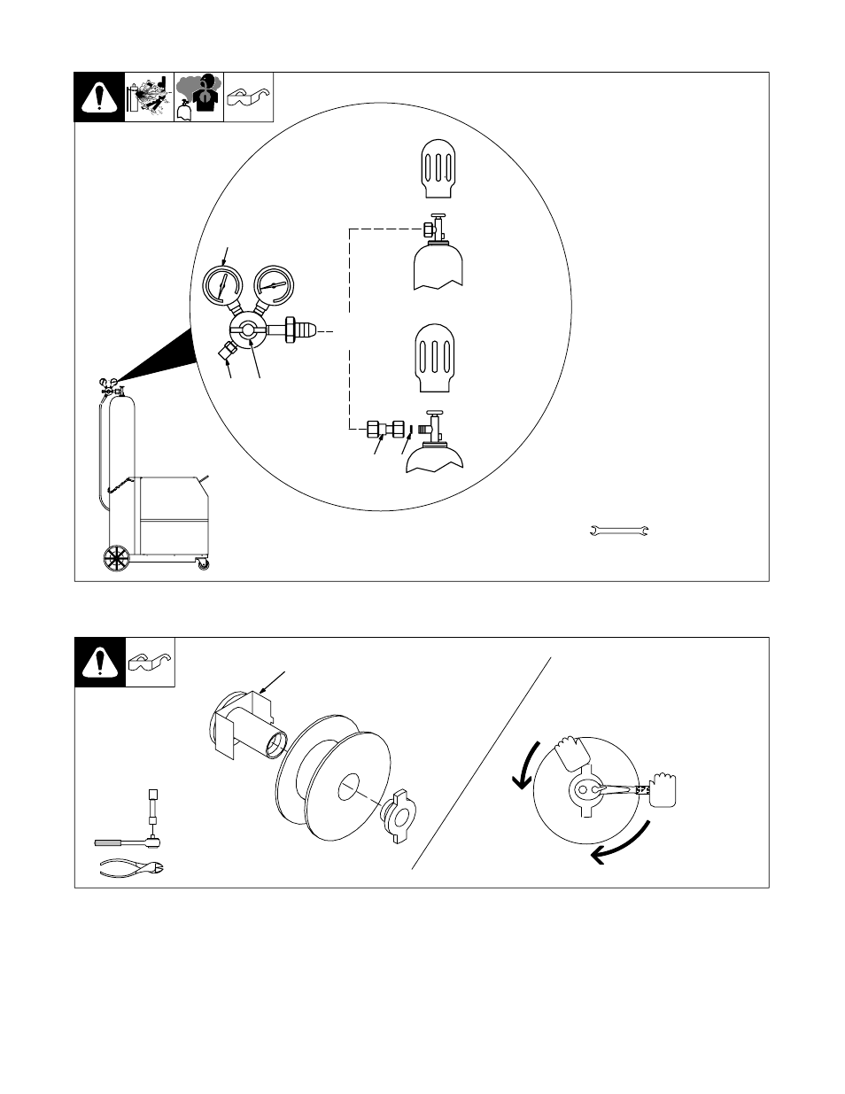 6. installing gas supply, 7. installing wire spool and adjusting hub tension | Hobart Welding Products BETA-MIG 1800 User Manual | Page 16 / 36