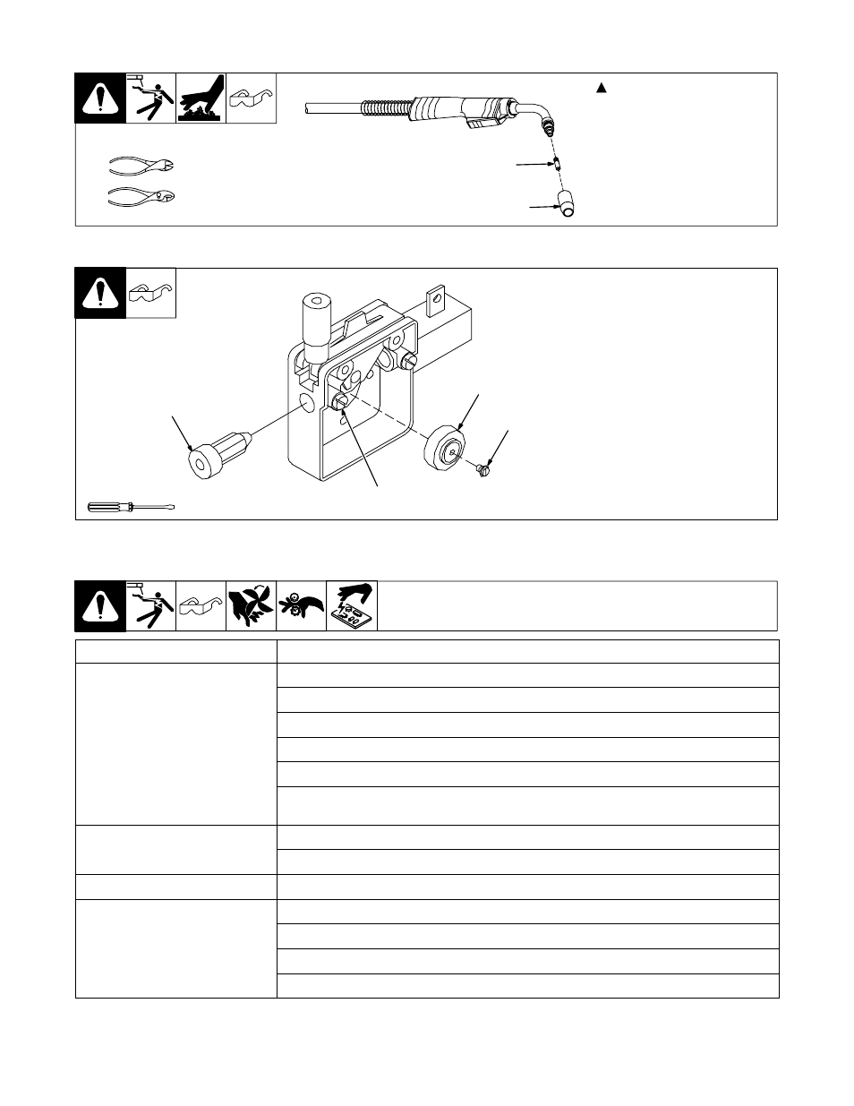 5. replacing gun contact tip, 6. changing drive roll and wire inlet guide, 7. welding troubleshooting table | Hobart Welding Products BETA-MIG 1800 User Manual | Page 25 / 36