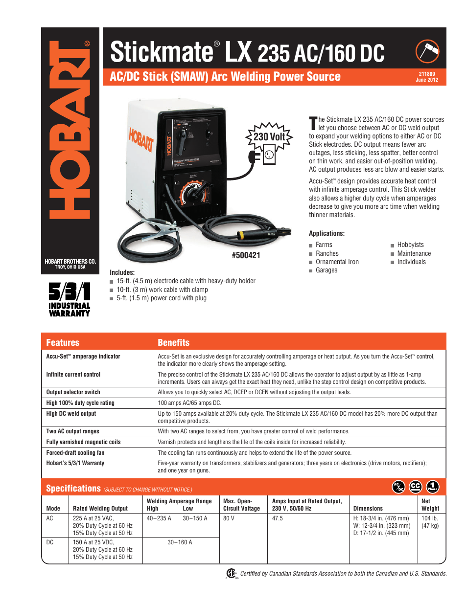 Hobart Welding Products LX 160 DC User Manual | 2 pages