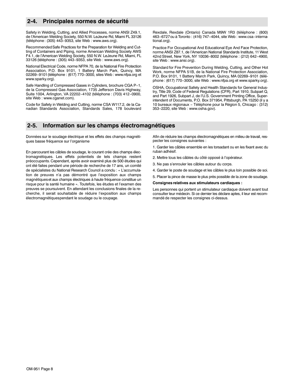 4. principales normes de sécurité, 5. information sur les champs électromagnétiques | Hobart Welding Products 150 STI User Manual | Page 10 / 24