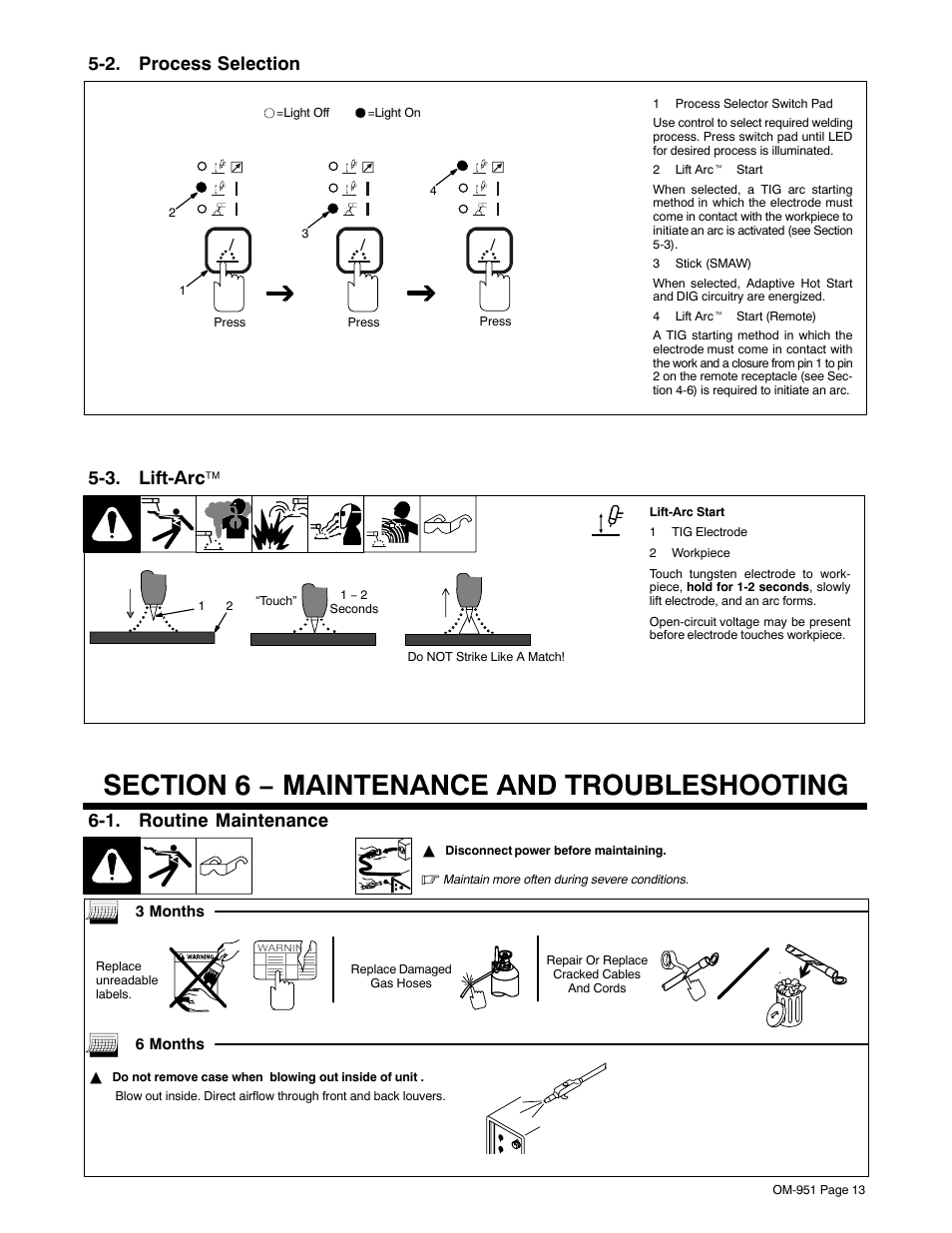 2. process selection, 3. lift-arce, Section 6 − maintenance and troubleshooting | 1. routine maintenance, 3. lift-arc | Hobart Welding Products 150 STI User Manual | Page 15 / 24