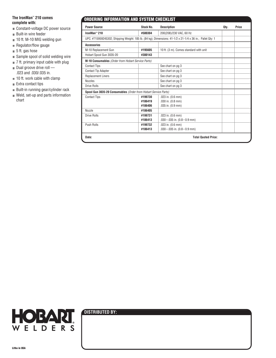 Ordering information and system checklist, Distributed by, The ironman | Hobart Welding Products IronMan 210 User Manual | Page 4 / 4