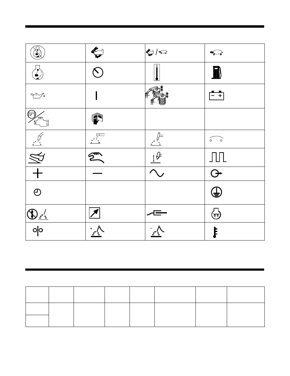 1. symbol definitions, 1. weld, power, and engine specifications | Hobart Welding Products CONTRACTOR 3025 User Manual | Page 13 / 64