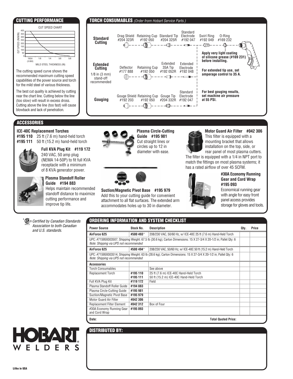 Distributed by, Accessories, Cutting performance | Hobart Welding Products Plasma Cutter User Manual | Page 2 / 2