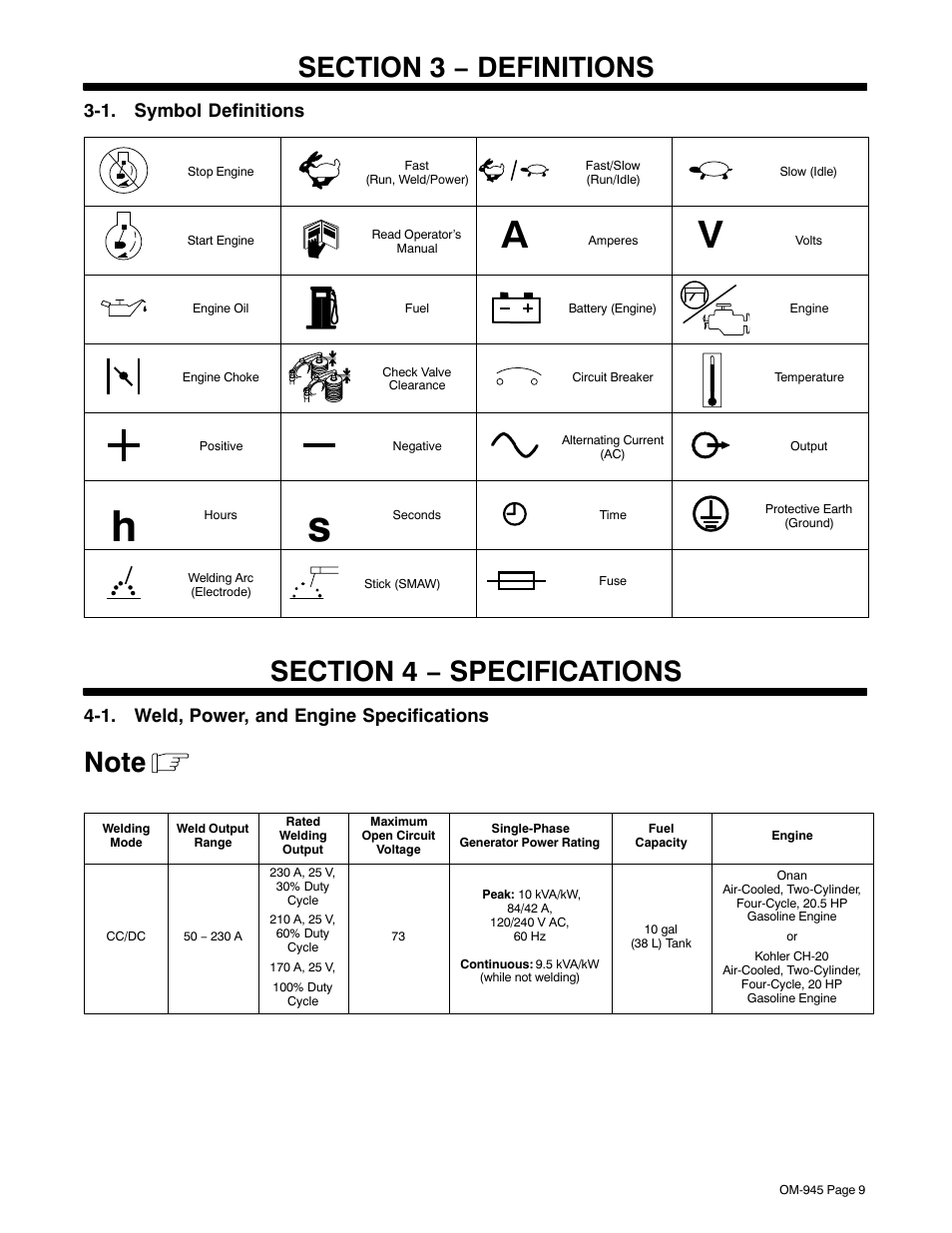 Section 3 − definitions, Section 4 − specifications, 1. weld, power, and engine specifications | 1. symbol definitions | Hobart Welding Products CHAMPION 10 User Manual | Page 13 / 64