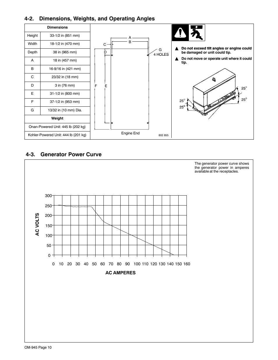 2. dimensions, weights, and operating angles, 3. generator power curve | Hobart Welding Products CHAMPION 10 User Manual | Page 14 / 64