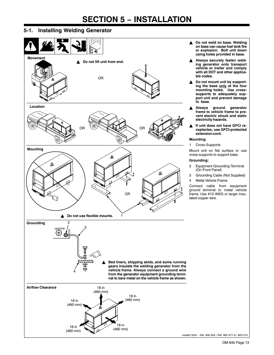 Section 5 − installation, 1. installing welding generator | Hobart Welding Products CHAMPION 10 User Manual | Page 17 / 64