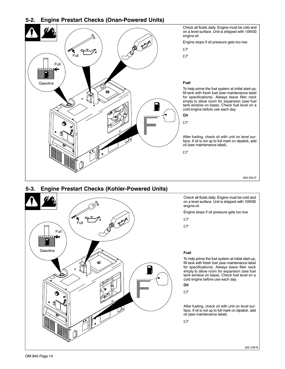 2. engine prestart checks (onan-powered units), 3. engine prestart checks (kohler-powered units) | Hobart Welding Products CHAMPION 10 User Manual | Page 18 / 64