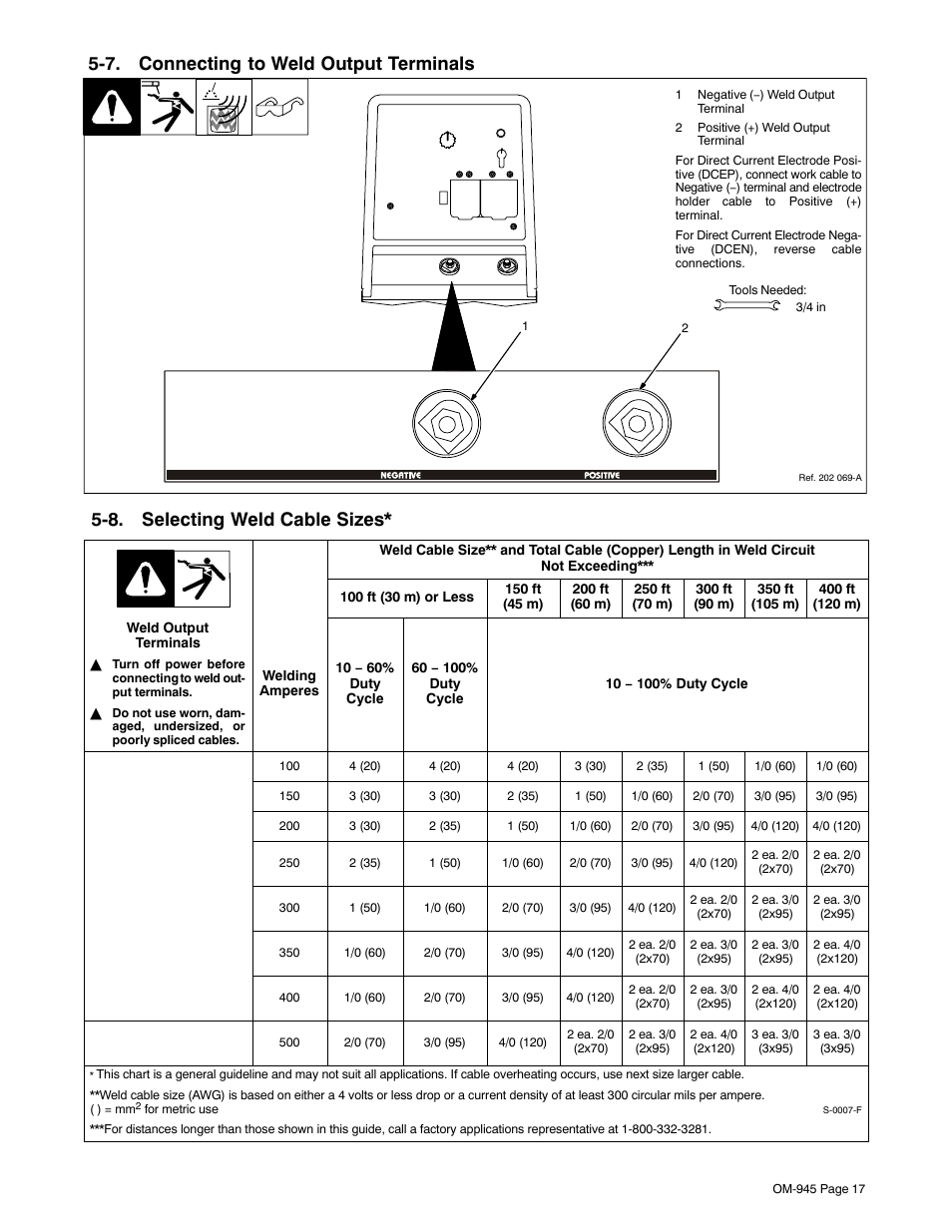 7. connecting to weld output terminals, 8. selecting weld cable sizes | Hobart Welding Products CHAMPION 10 User Manual | Page 21 / 64