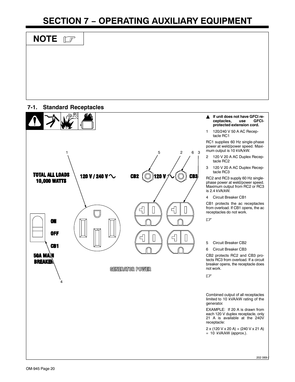 Section 7 − operating auxiliary equipment, 1. standard receptacles | Hobart Welding Products CHAMPION 10 User Manual | Page 24 / 64