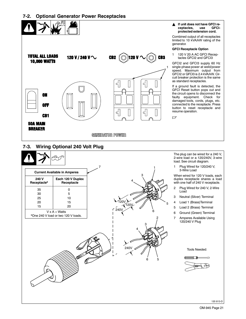 2. optional generator power receptacles, 3. wiring optional 240 volt plug | Hobart Welding Products CHAMPION 10 User Manual | Page 25 / 64