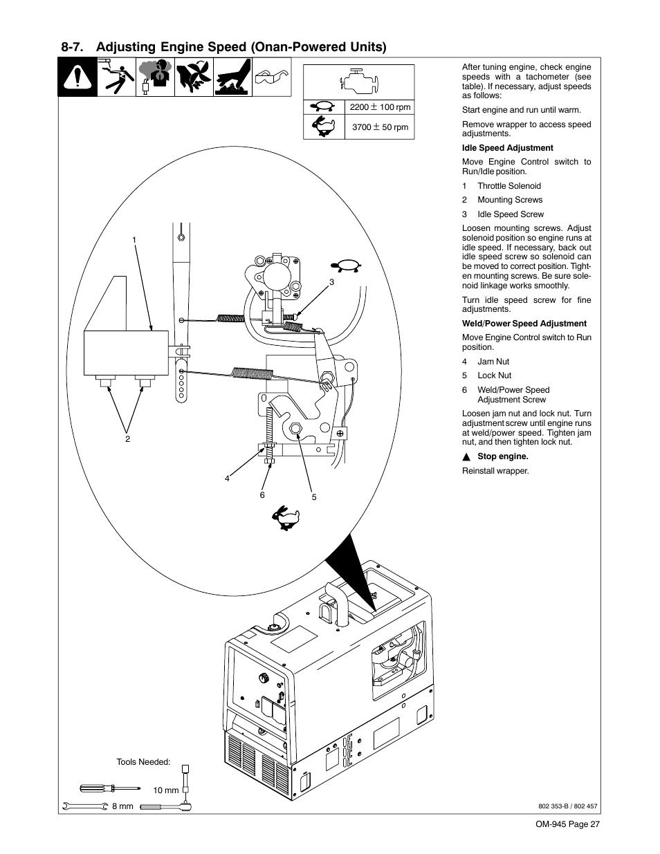 7. adjusting engine speed (onan-powered units) | Hobart Welding Products CHAMPION 10 User Manual | Page 31 / 64