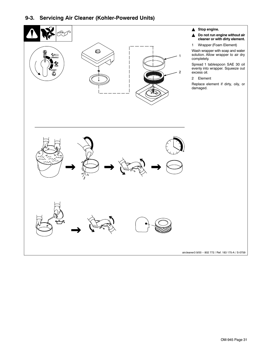 3. servicing air cleaner (kohler-powered units), Section 9-3 | Hobart Welding Products CHAMPION 10 User Manual | Page 35 / 64