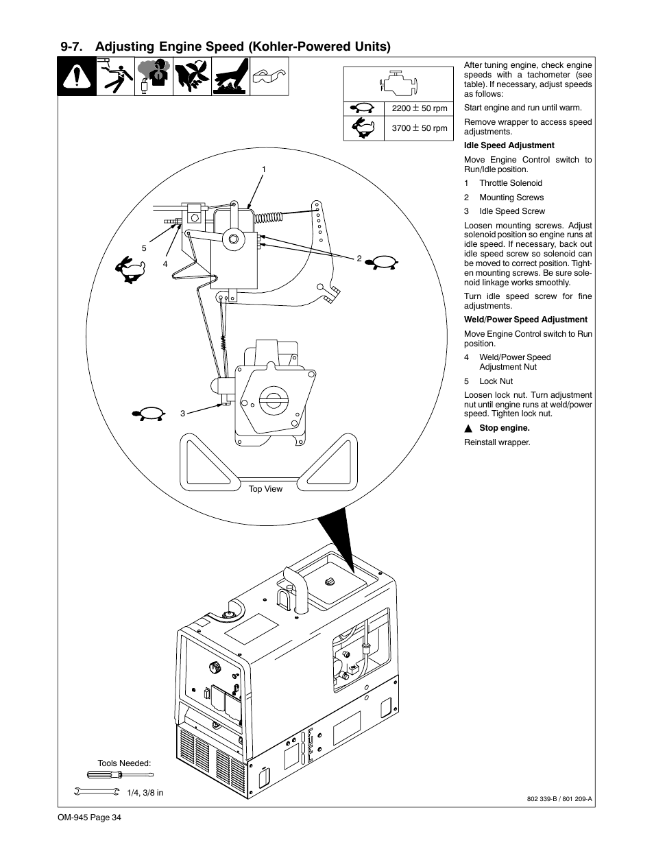 7. adjusting engine speed (kohler-powered units) | Hobart Welding Products CHAMPION 10 User Manual | Page 38 / 64