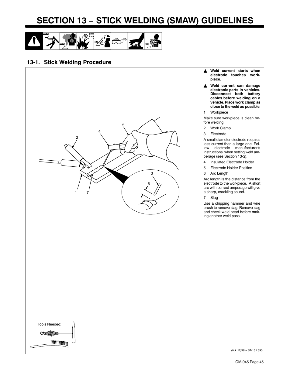 Section 13 − stick welding (smaw) guidelines, 1. stick welding procedure | Hobart Welding Products CHAMPION 10 User Manual | Page 49 / 64