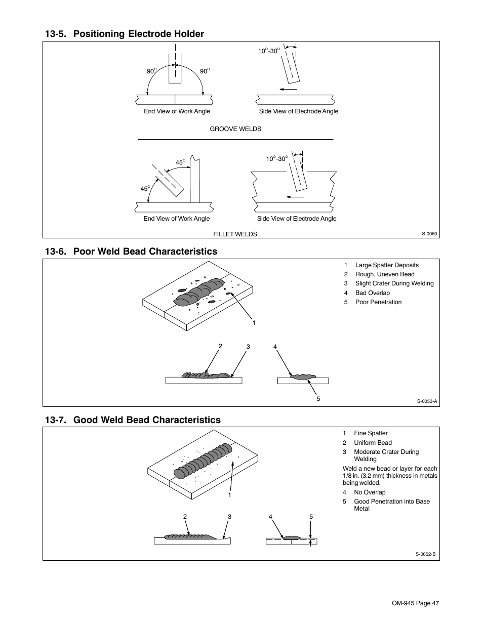 5. positioning electrode holder, 6. poor weld bead characteristics, 7. good weld bead characteristics | Hobart Welding Products CHAMPION 10 User Manual | Page 51 / 64