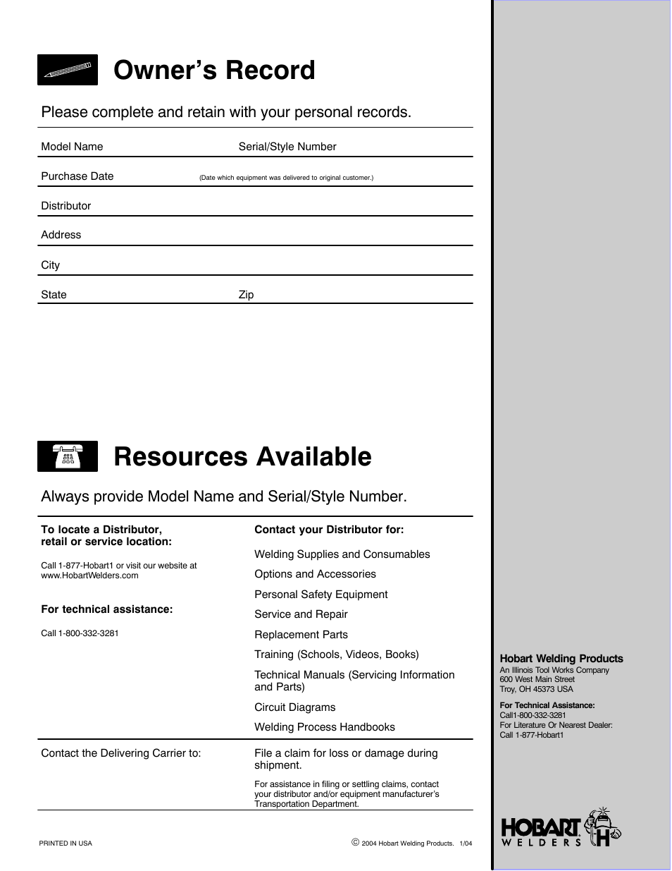 Resources available owner’s record | Hobart Welding Products CHAMPION 10 User Manual | Page 64 / 64