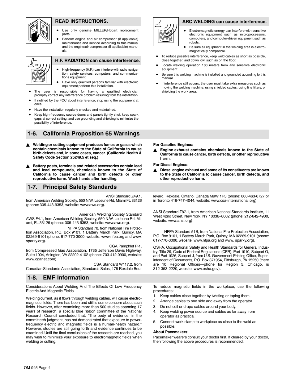 6. california proposition 65 warnings, 7. principal safety standards, 8. emf information | Hobart Welding Products CHAMPION 10 User Manual | Page 8 / 64