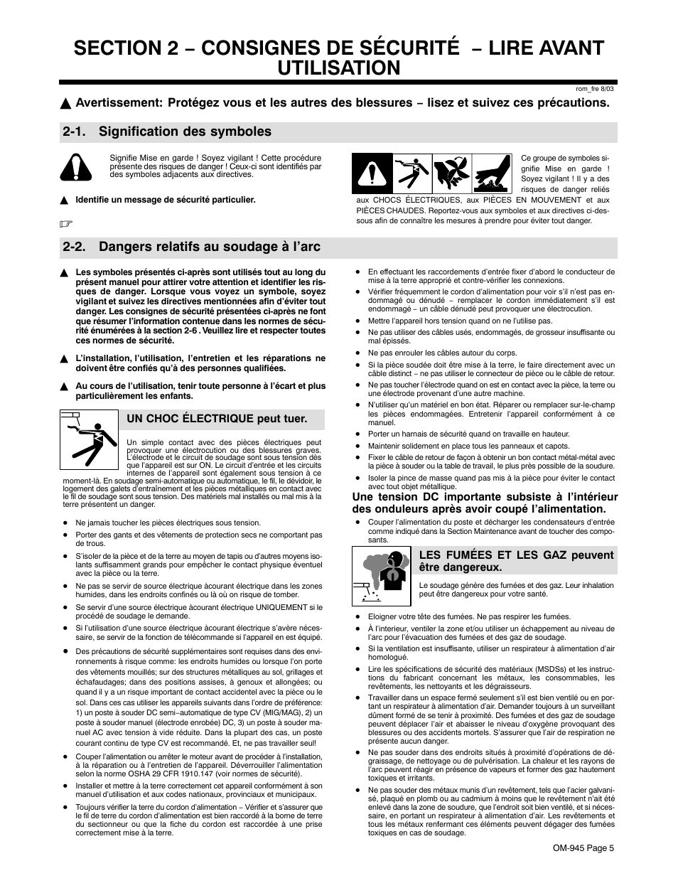 1. signification des symboles, 2. dangers relatifs au soudage à l’arc, Un choc électrique peut tuer | Les fumées et les gaz peuvent être dangereux | Hobart Welding Products CHAMPION 10 User Manual | Page 9 / 64