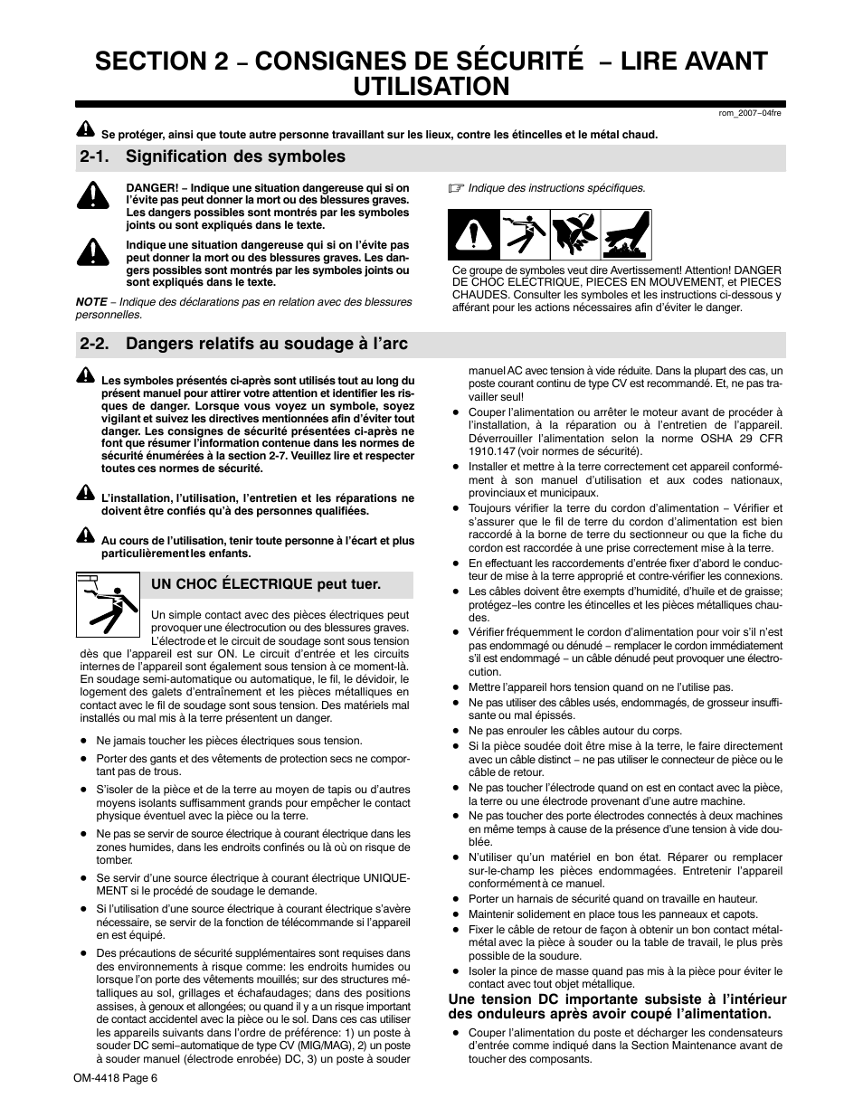 1. signification des symboles, 2. dangers relatifs au soudage à l’arc, Consignes de sécurité − lire avant utilisation | Hobart Welding Products CHAMPION 4500 User Manual | Page 10 / 54