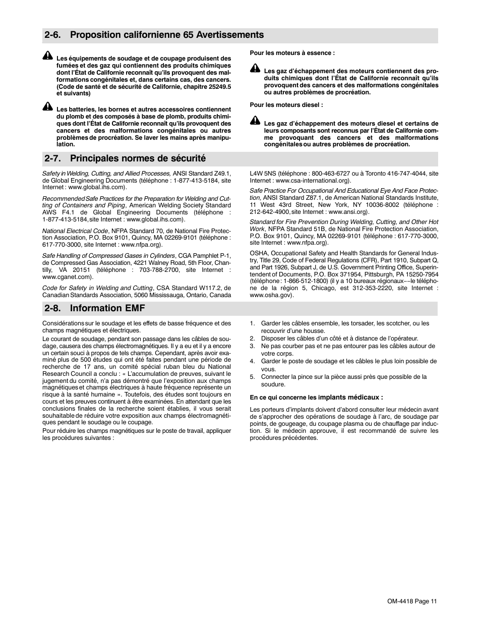 6. proposition californienne 65 avertissements, 7. principales normes de sécurité, 8. information emf | Hobart Welding Products CHAMPION 4500 User Manual | Page 15 / 54