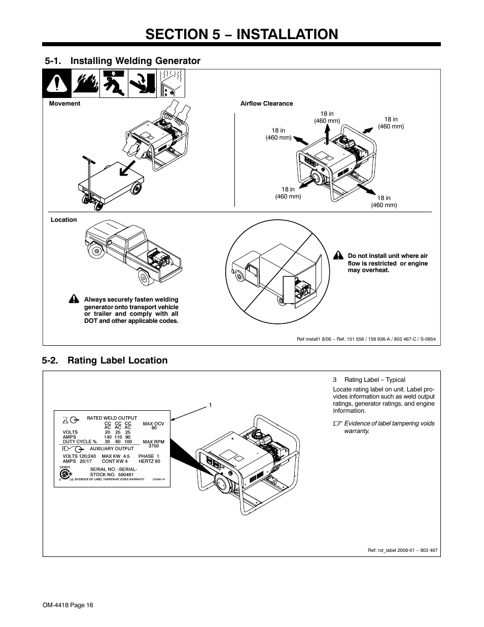 Section 5 − installation, 1. installing welding generator, 2. rating label location | Hobart Welding Products CHAMPION 4500 User Manual | Page 20 / 54