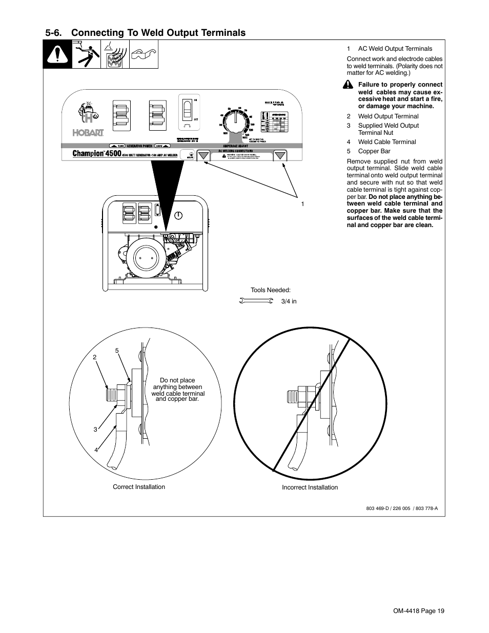 6. connecting to weld output terminals | Hobart Welding Products CHAMPION 4500 User Manual | Page 23 / 54