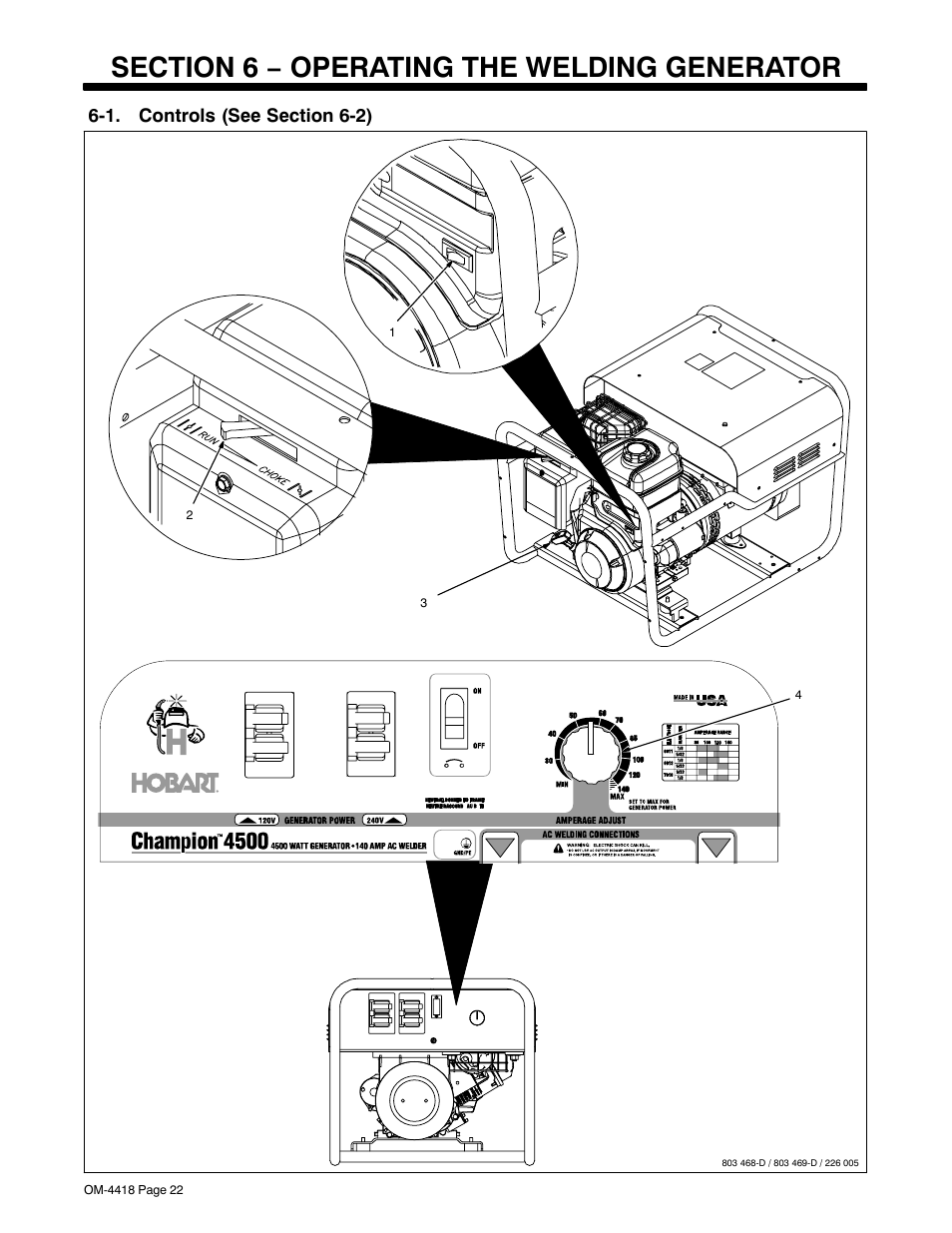 Section 6 − operating the welding generator, 1. controls (see section 6-2) | Hobart Welding Products CHAMPION 4500 User Manual | Page 26 / 54