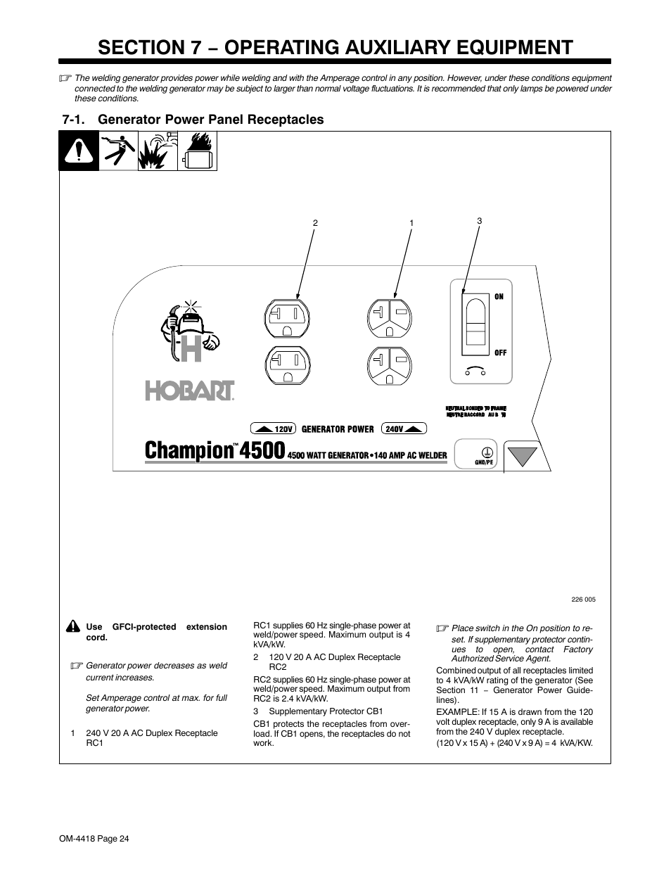 Section 7 − operating auxiliary equipment, 1. generator power panel receptacles | Hobart Welding Products CHAMPION 4500 User Manual | Page 28 / 54