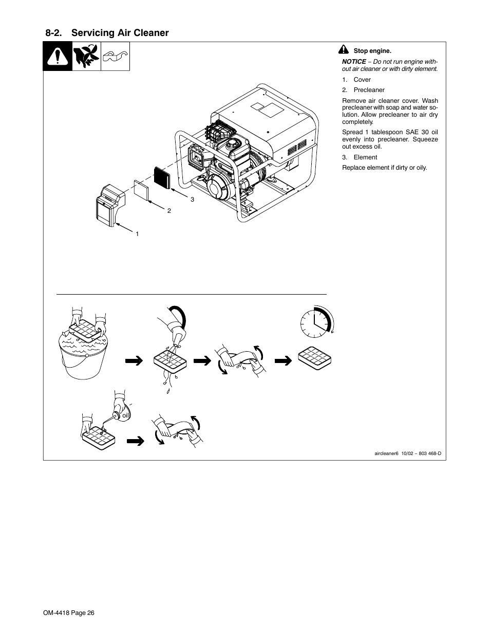 2. servicing air cleaner | Hobart Welding Products CHAMPION 4500 User Manual | Page 30 / 54