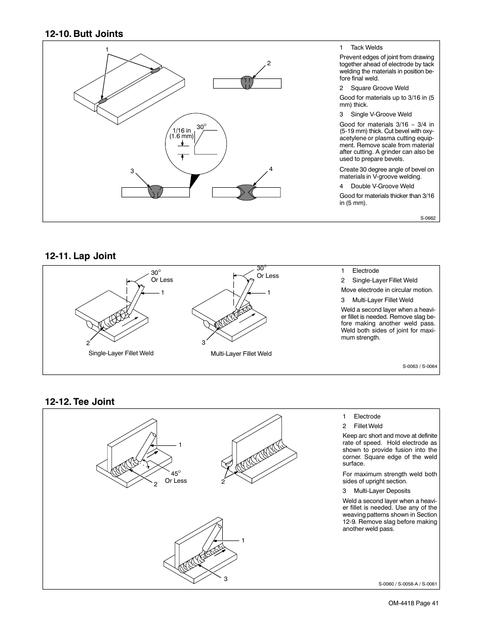 10. butt joints, 11. lap joint, 12. tee joint | Hobart Welding Products CHAMPION 4500 User Manual | Page 45 / 54