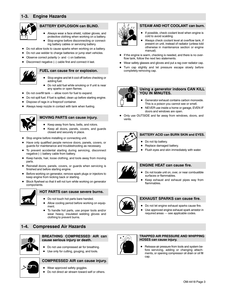 3. engine hazards, 4. compressed air hazards | Hobart Welding Products CHAMPION 4500 User Manual | Page 7 / 54