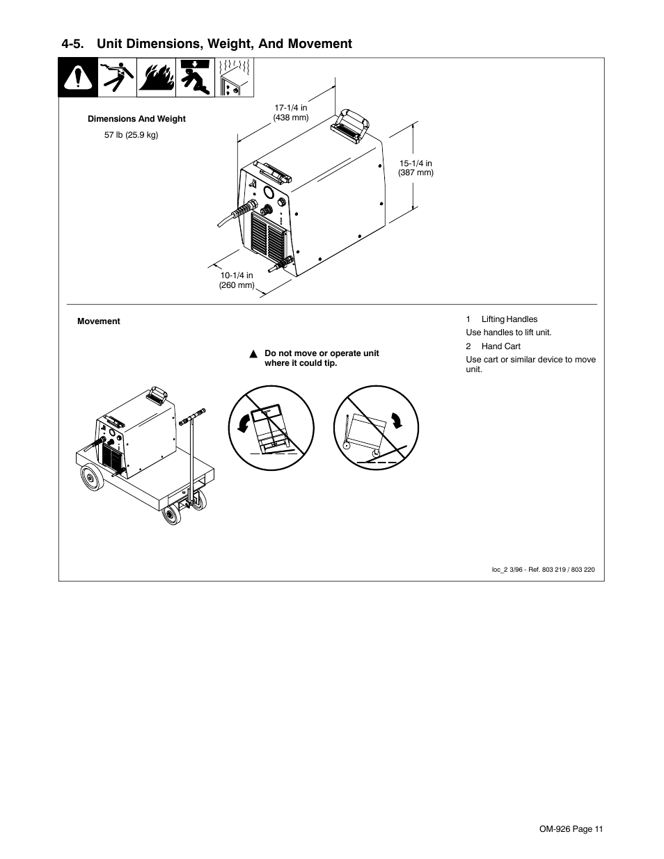 5. unit dimensions, weight, and movement | Hobart Welding Products AirForce 625 And ICE-40C Torch User Manual | Page 15 / 40