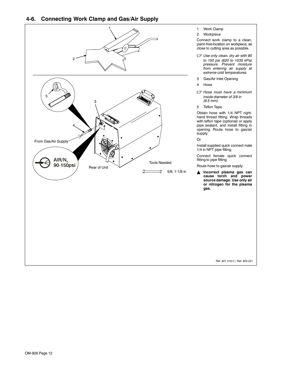 6. connecting work clamp and gas/air supply | Hobart Welding Products AirForce 625 And ICE-40C Torch User Manual | Page 16 / 40