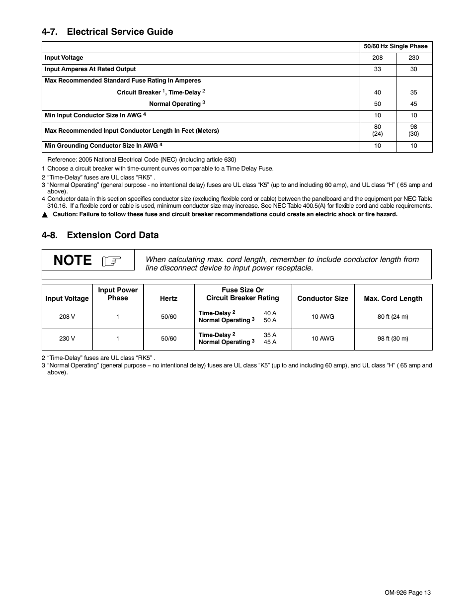 7. electrical service guide, 8. extension cord data | Hobart Welding Products AirForce 625 And ICE-40C Torch User Manual | Page 17 / 40
