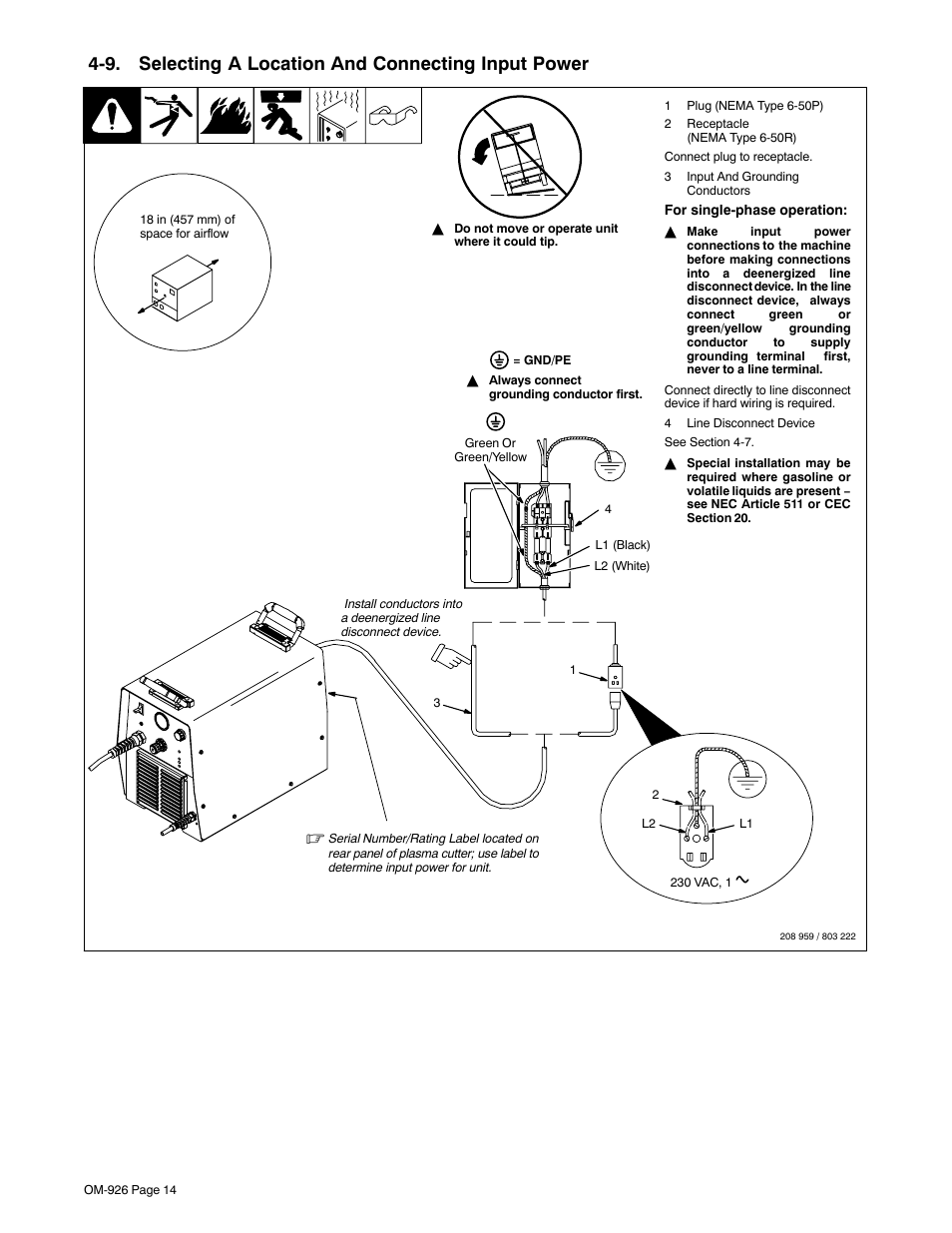 9. selecting a location and connecting input power | Hobart Welding Products AirForce 625 And ICE-40C Torch User Manual | Page 18 / 40
