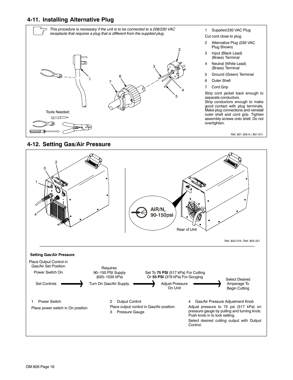 11. installing alternative plug, 12. setting gas/air pressure | Hobart Welding Products AirForce 625 And ICE-40C Torch User Manual | Page 20 / 40