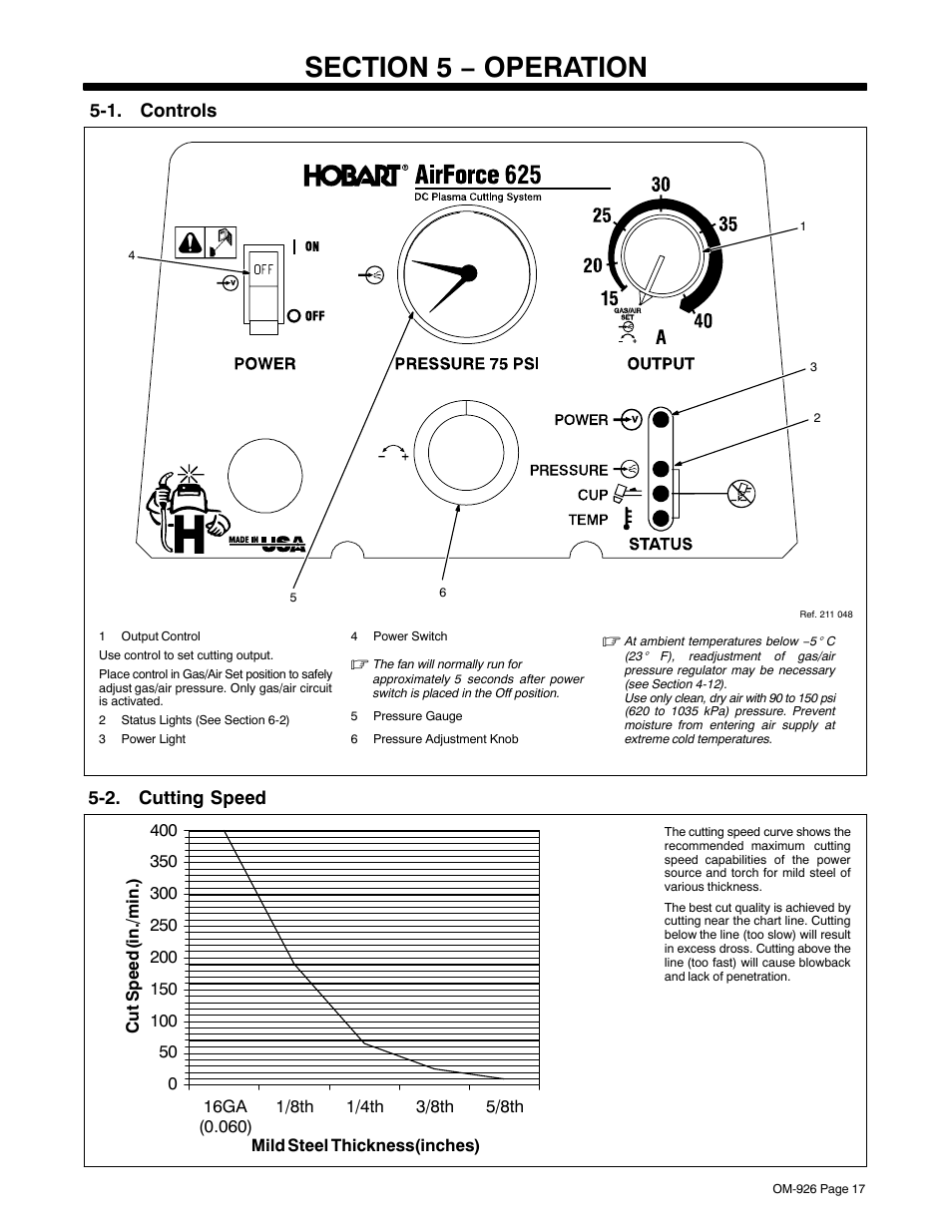 Section 5 − operation, 1. controls, 2. cutting speed | 1. controls 5-2. cutting speed | Hobart Welding Products AirForce 625 And ICE-40C Torch User Manual | Page 21 / 40