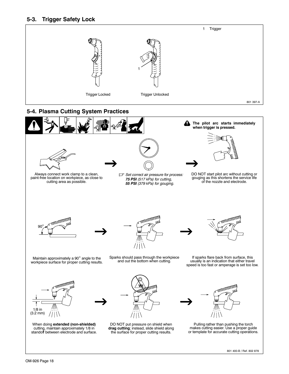 3. trigger safety lock, 4. plasma cutting system practices | Hobart Welding Products AirForce 625 And ICE-40C Torch User Manual | Page 22 / 40