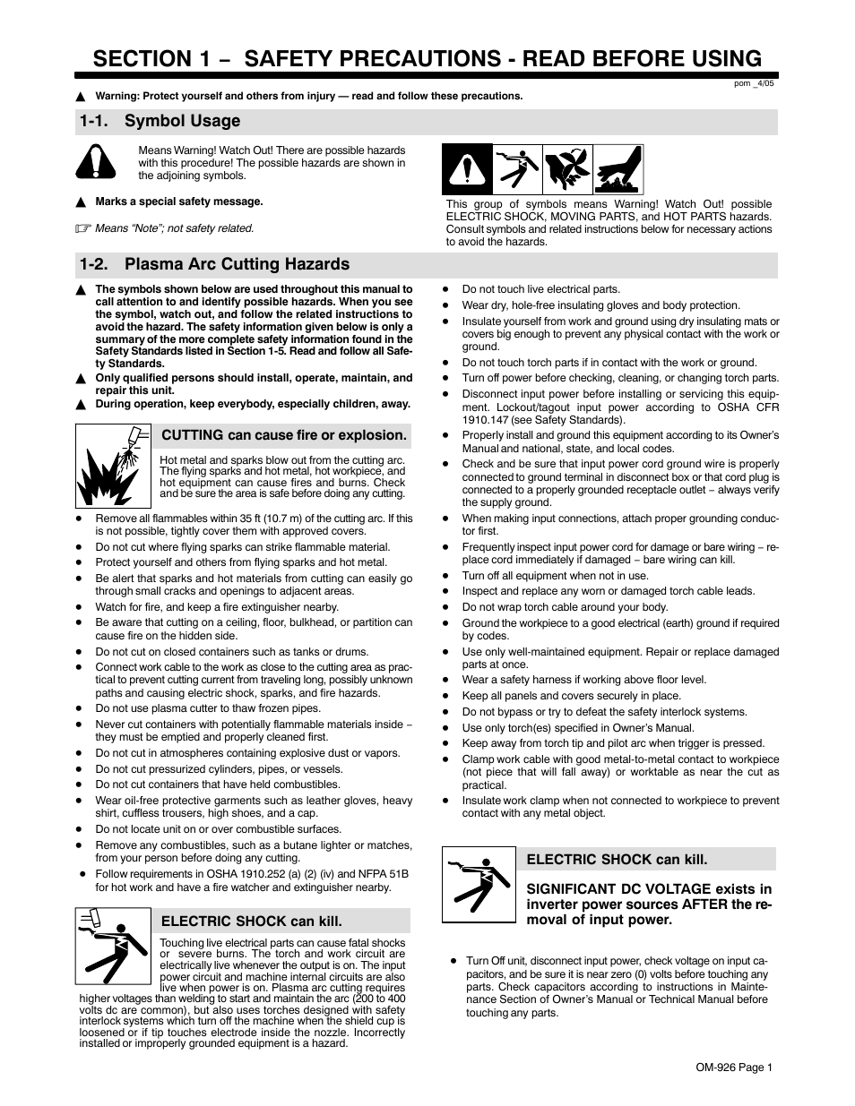 Section 1 − safety precautions - read before using, 1. symbol usage, 2. plasma arc cutting hazards | Hobart Welding Products AirForce 625 And ICE-40C Torch User Manual | Page 5 / 40