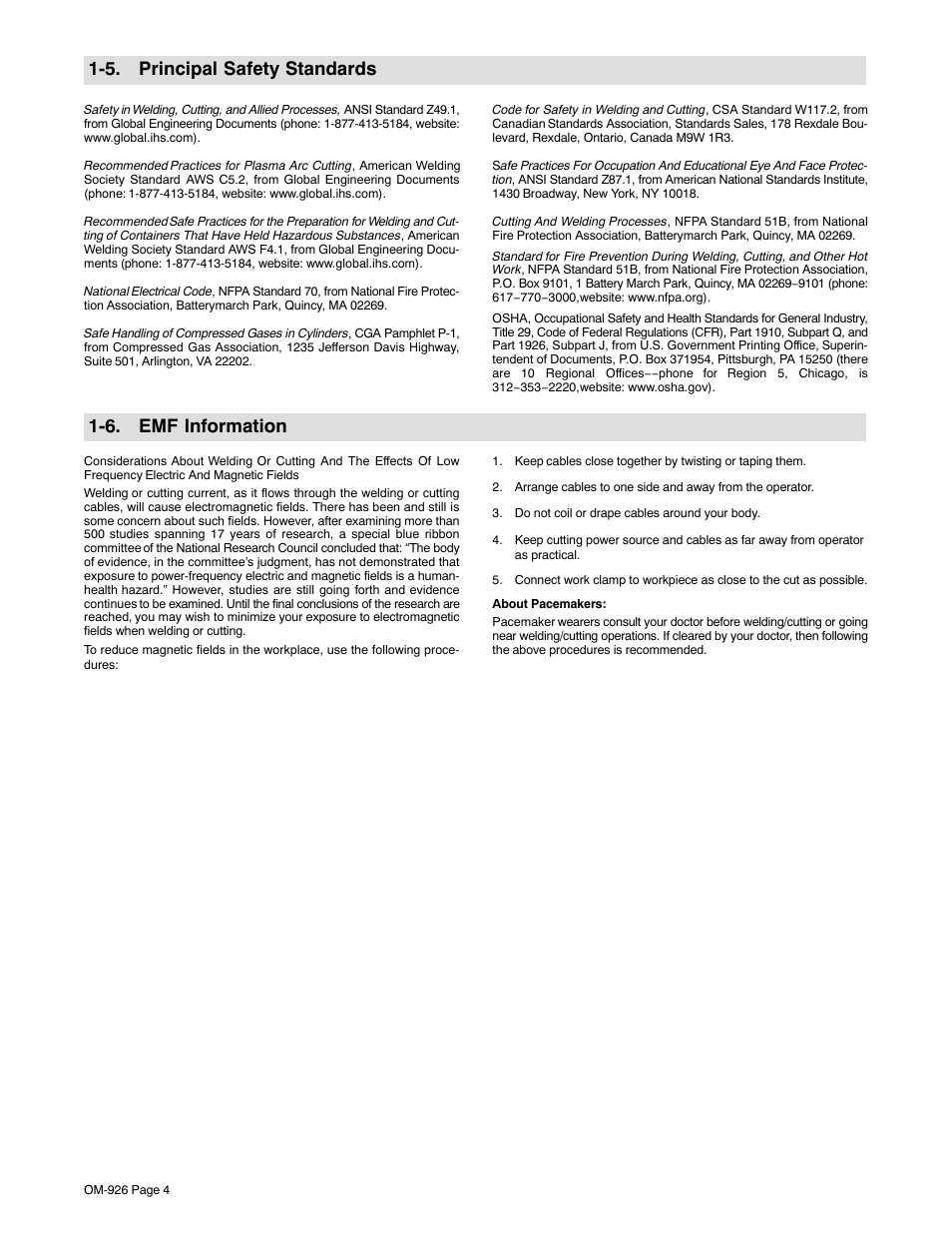 5. principal safety standards, 6. emf information | Hobart Welding Products AirForce 625 And ICE-40C Torch User Manual | Page 8 / 40