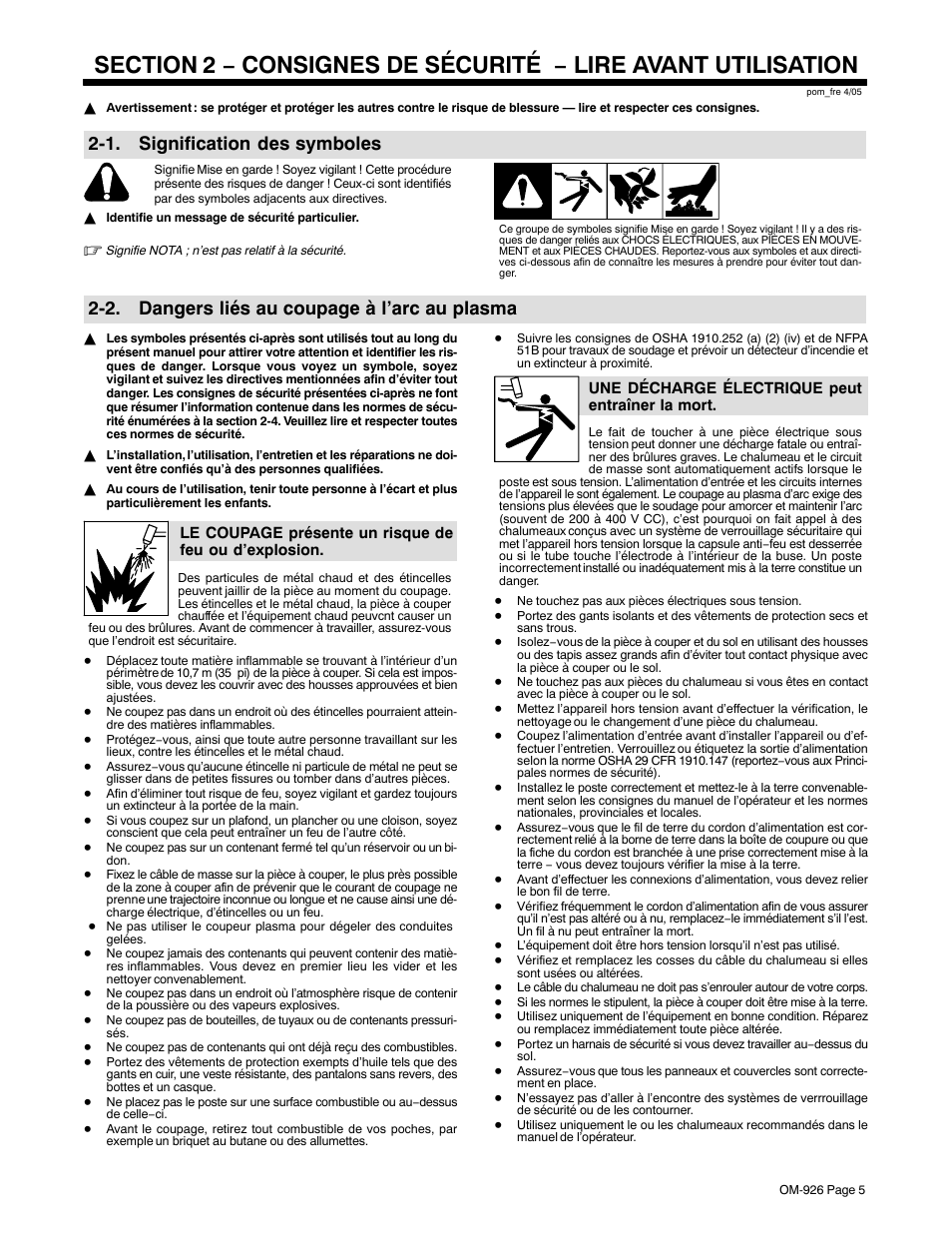 1. signification des symboles, 2. dangers liés au coupage à l’arc au plasma | Hobart Welding Products AirForce 625 And ICE-40C Torch User Manual | Page 9 / 40