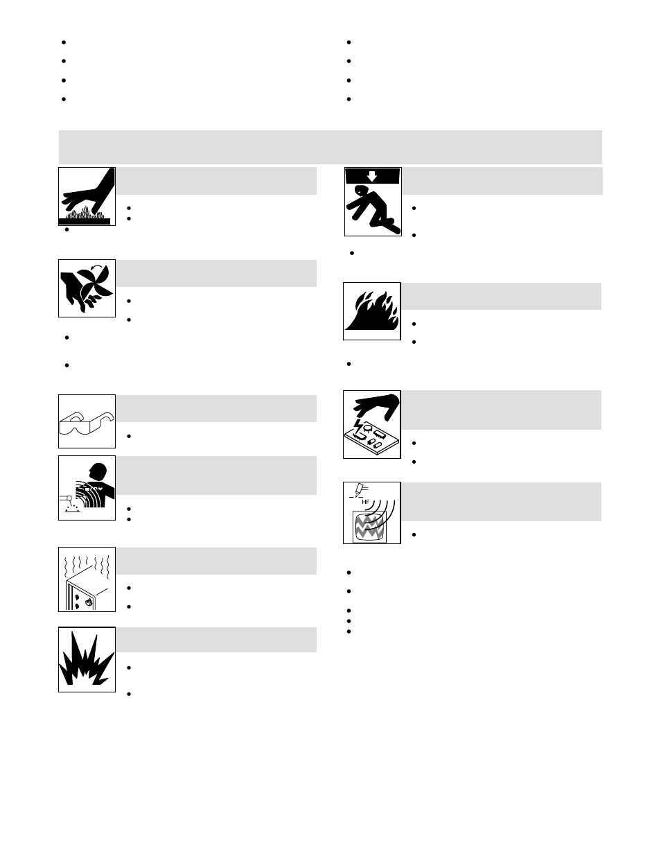 Des particules volantes peuvent blesser les yeux, L’emploi excessif peut surchauffer l’équipement, La chute de l’appareil peut blesser | Risque d’incendie ou d’explosion | Hobart Welding Products 625 User Manual | Page 11 / 36