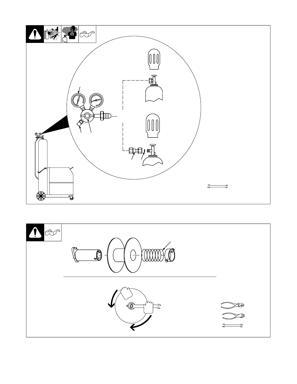 7. installing gas supply, 8. installing wire spool and adjusting hub tension | Hobart Welding Products BETA-MIG 2250 User Manual | Page 16 / 40